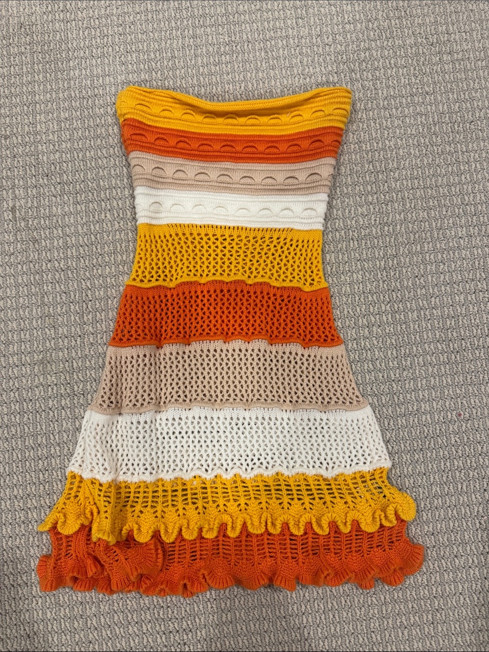 Striped Crochet Knit Tube Dress in Yellow, Orange, White, and Beige